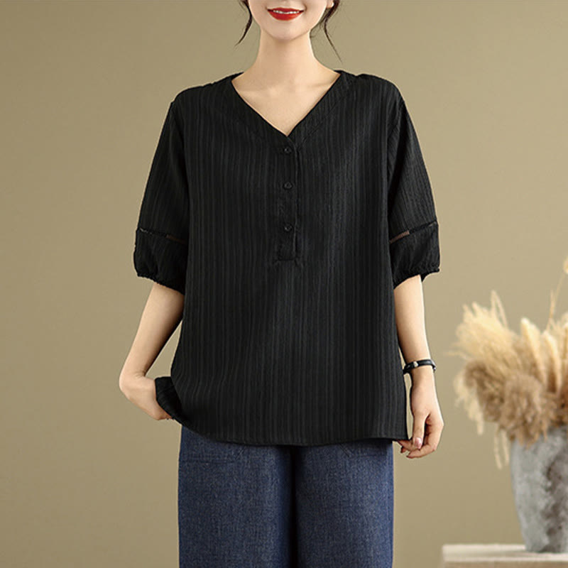 Buddha Stones Summer Casual Pure Mezza Manica a Sbuffo Mezza Bottone Scollo a V T-Shirt da Donna