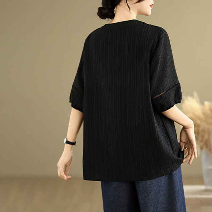 Buddha Stones Summer Casual Pure Mezza Manica a Sbuffo Mezza Bottone Scollo a V T-Shirt da Donna