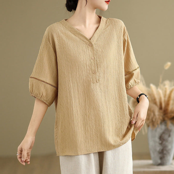 Buddha Stones Summer Casual Pure Mezza Manica a Sbuffo Mezza Bottone Scollo a V T-Shirt da Donna