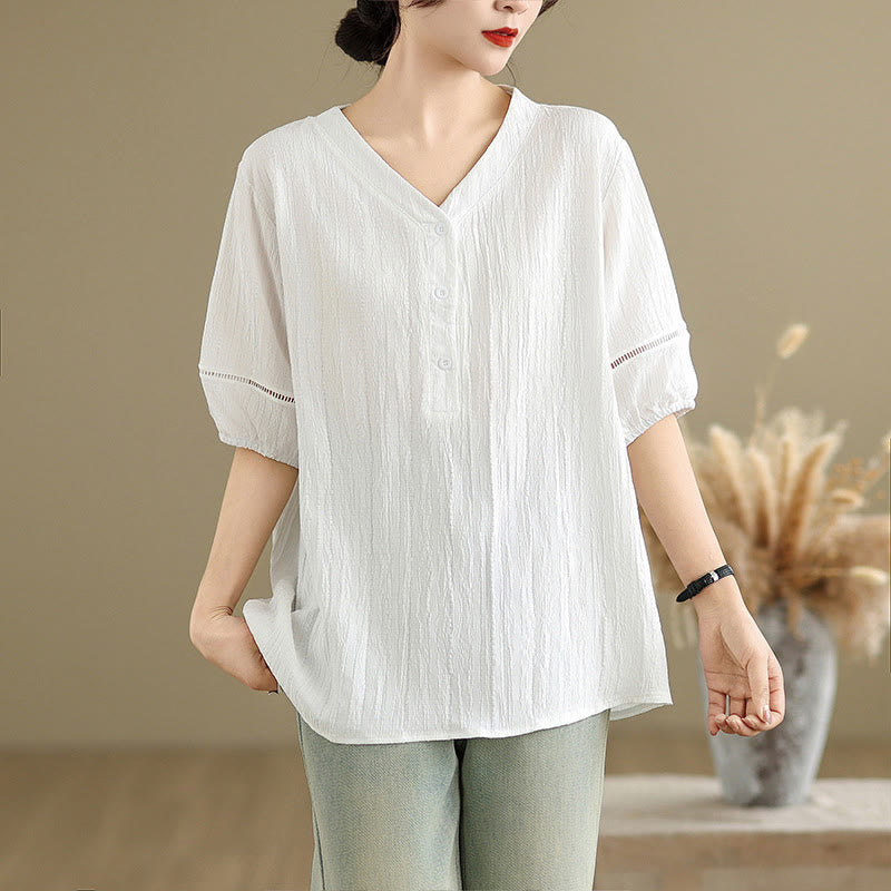 Buddha Stones Summer Casual Pure Mezza Manica a Sbuffo Mezza Bottone Scollo a V T-Shirt da Donna