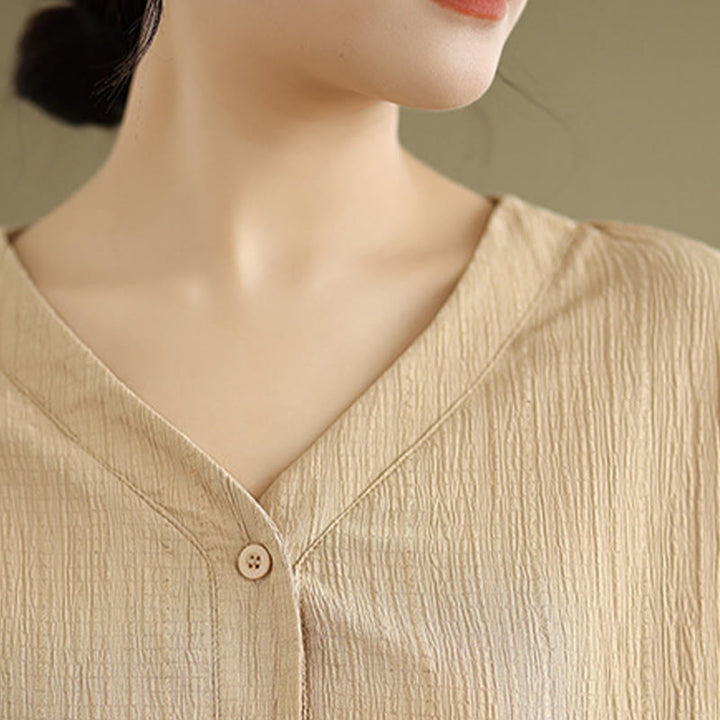 Buddha Stones Summer Casual Pure Mezza Manica a Sbuffo Mezza Bottone Scollo a V T-Shirt da Donna