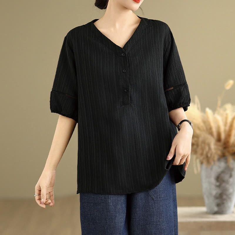 Buddha Stones Summer Casual Pure Mezza Manica a Sbuffo Mezza Bottone Scollo a V T-Shirt da Donna