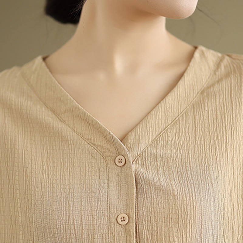 Buddha Stones Summer Casual Pure Mezza Manica a Sbuffo Mezza Bottone Scollo a V T-Shirt da Donna