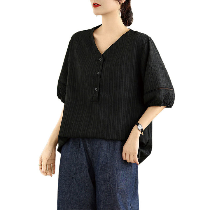 Buddha Stones Summer Casual Pure Mezza Manica a Sbuffo Mezza Bottone Scollo a V T-Shirt da Donna