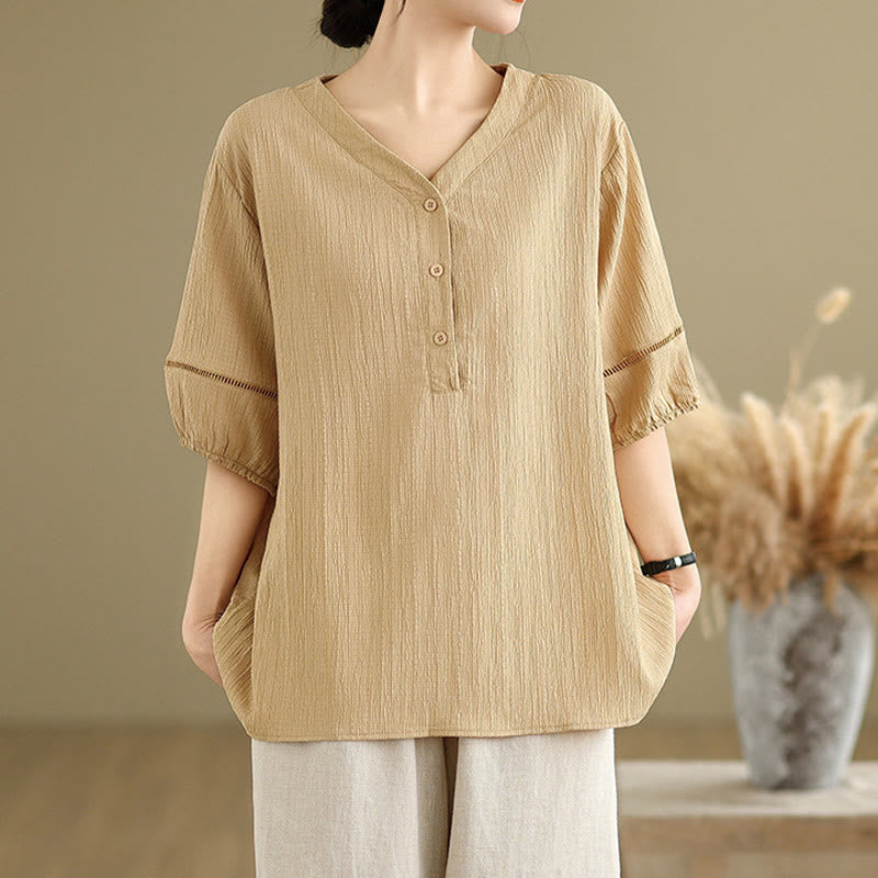 Buddha Stones Summer Casual Pure Mezza Manica a Sbuffo Mezza Bottone Scollo a V T-Shirt da Donna