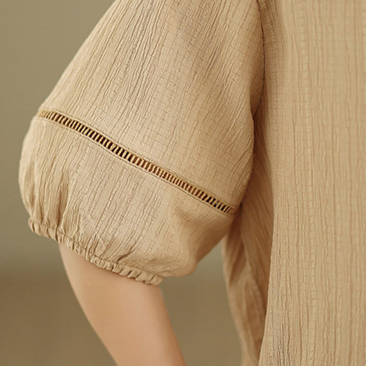 Buddha Stones Summer Casual Pure Mezza Manica a Sbuffo Mezza Bottone Scollo a V T-Shirt da Donna