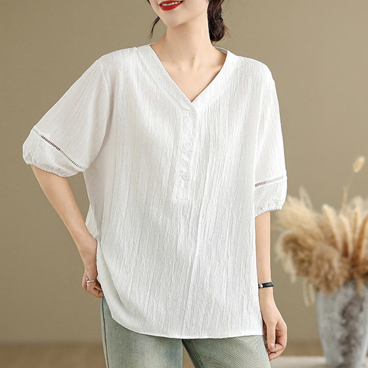 Buddha Stones Summer Casual Pure Mezza Manica a Sbuffo Mezza Bottone Scollo a V T-Shirt da Donna