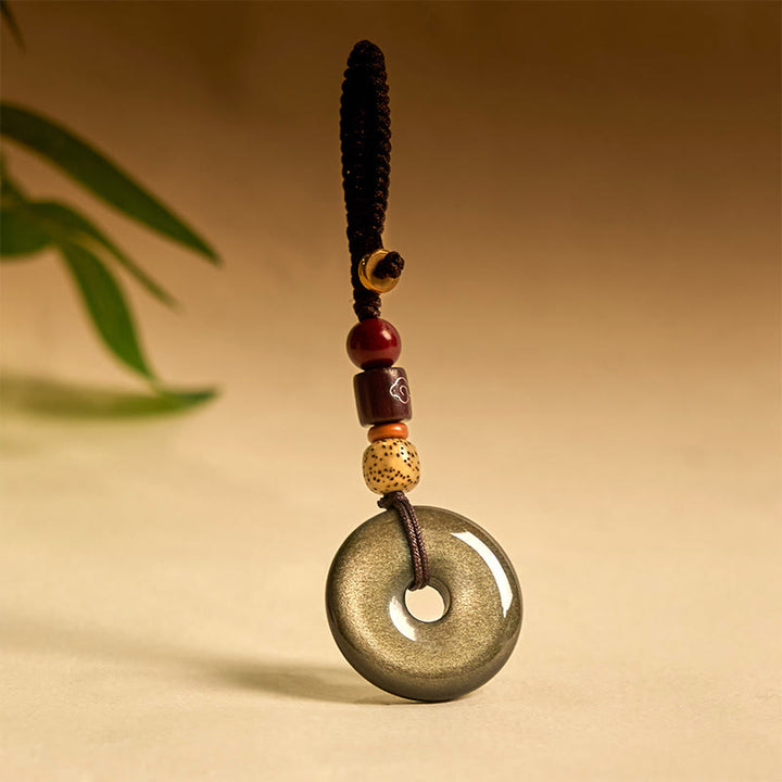 Buddha Stones Oro Naturale Lucente Ossidiana Fibbia della Pace Rafforza Portachiavi