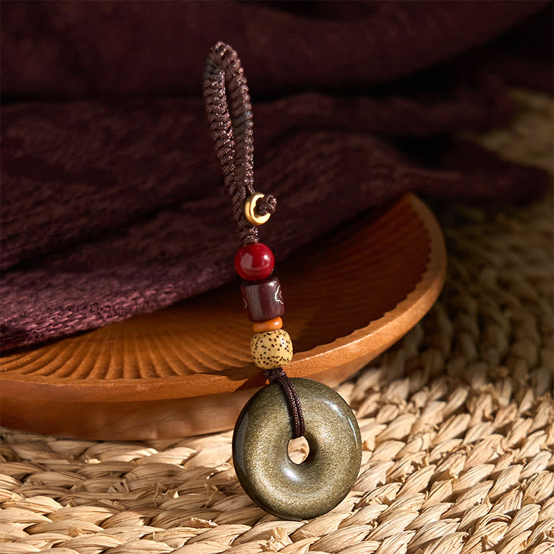 Buddha Stones Oro Naturale Lucente Ossidiana Fibbia della Pace Rafforza Portachiavi