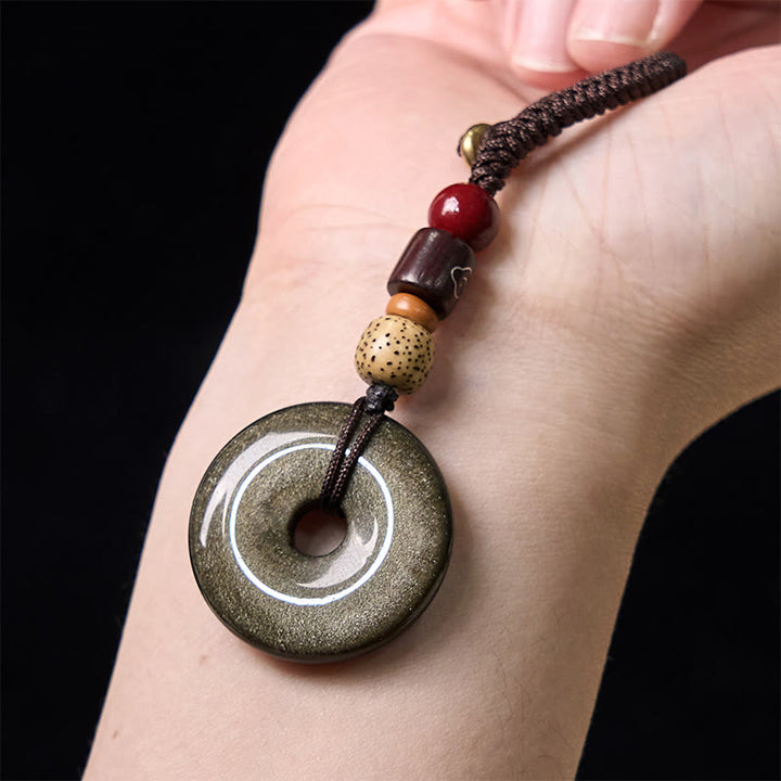 Buddha Stones Oro Naturale Lucente Ossidiana Fibbia della Pace Rafforza Portachiavi