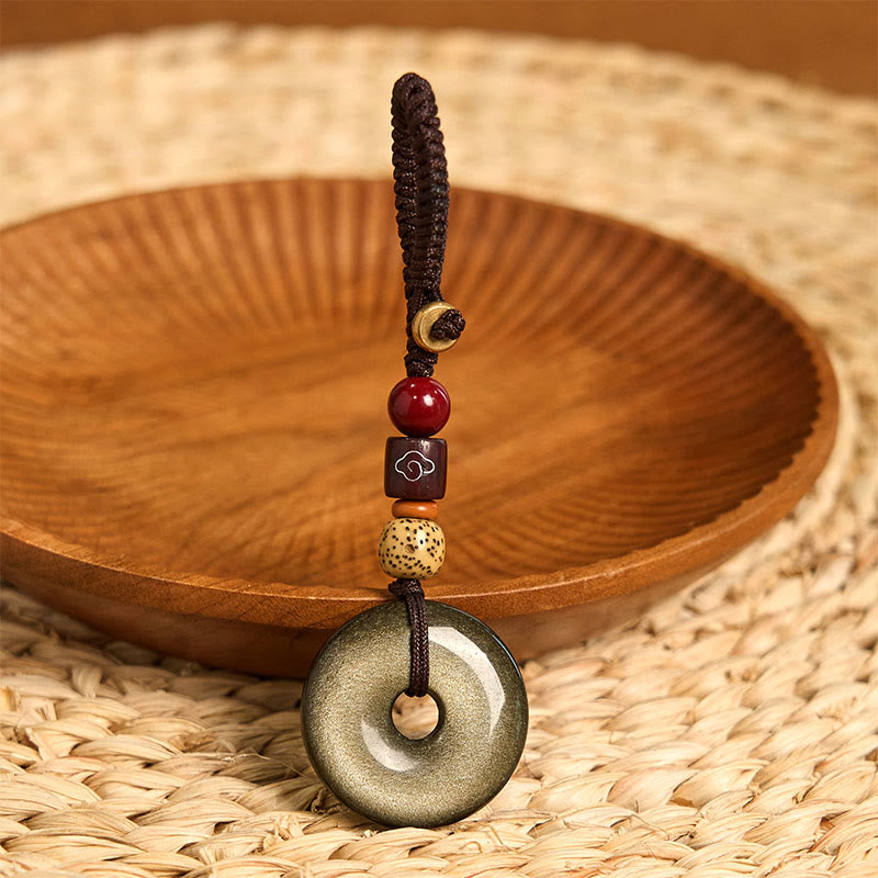 Buddha Stones Oro Naturale Lucente Ossidiana Fibbia della Pace Rafforza Portachiavi