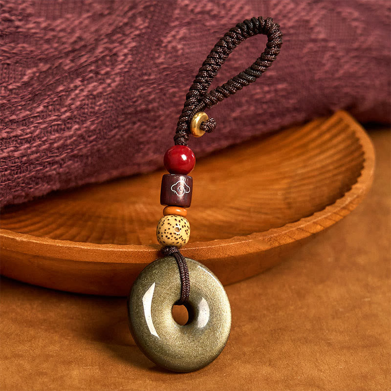 Buddha Stones Oro Naturale Lucente Ossidiana Fibbia della Pace Rafforza Portachiavi