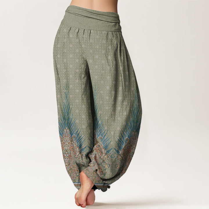 Pantaloni harem con elastico in vita da donna, motivo floreale e pavone etnico Buddha Stones - image 6