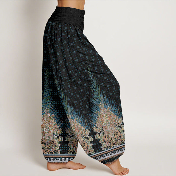 Pantaloni harem con elastico in vita da donna, motivo floreale e pavone etnico Buddha Stones - image 10