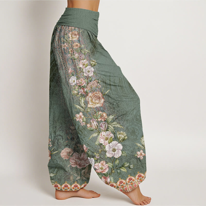 Pantaloni harem con elastico in vita da donna, motivo etnico floreale totem etnico, Buddha Stones - image 3