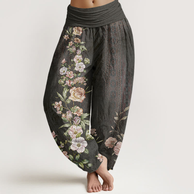 Pantaloni harem con elastico in vita da donna, motivo etnico floreale totem etnico, Buddha Stones - Nero - US22, UK/AU26, EU54 (6XL) - image 8