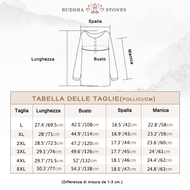 Camicia da donna in cotone e lino con scollo rotondo e maniche lunghe a pieghe casual con Buddha Stones - image 4