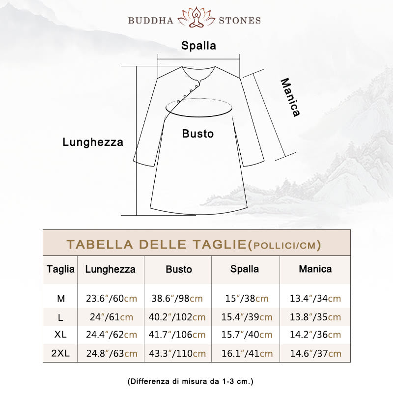 Camicia in cotone e lino con maniche a tre quarti, bottoni a rana, Buddha Stones, fiori blu, foglie arancioni - image 4