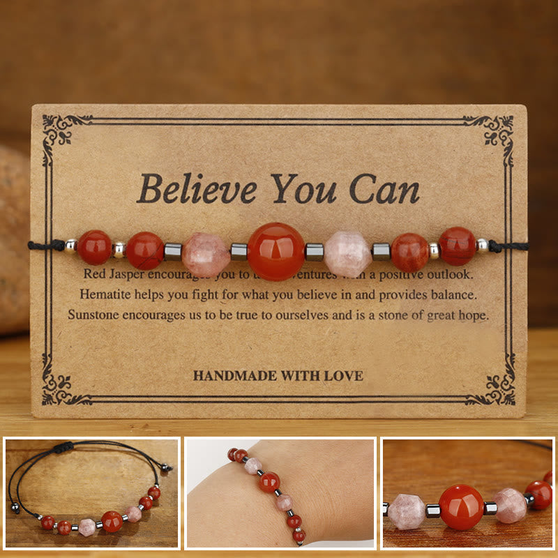Buddha Stones Believe You Can Braccialetto positivo in pietra del sole con ematite e diaspro rosso corniola