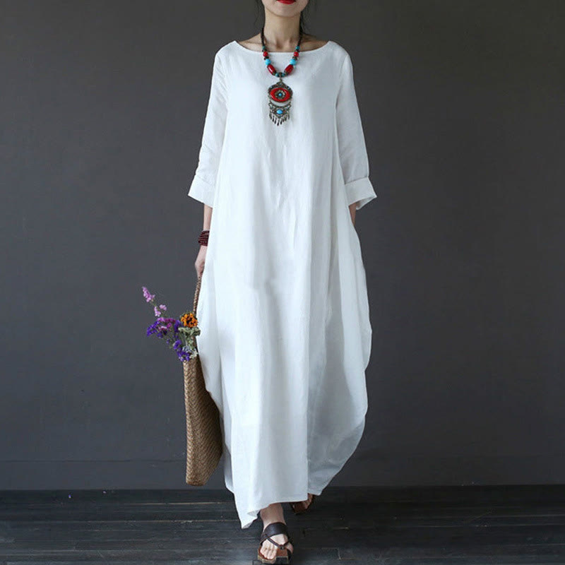 Abito lungo da donna in cotone con maniche a tre quarti e tinta unita Buddha Stones - Bianco - US16, UK/AU20, EU48 (5XL) - image 1