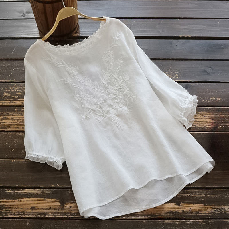 Buddha Stones Casual Ricamo Mezza Manica a Sbuffo Ruffles Girocollo Cotone Lino T-Shirt da Donna - Nevicare - US14, UK/AU18, EU46 (4XL) - image 1