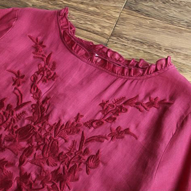 Buddha Stones Casual Ricamo Mezza Manica a Sbuffo Ruffles Girocollo Cotone Lino T-Shirt da Donna - image 5
