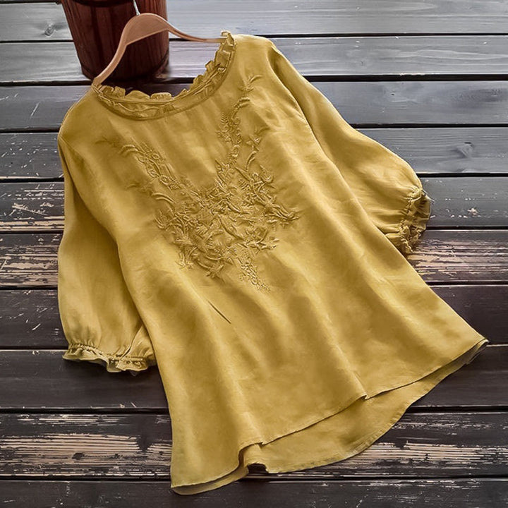 Buddha Stones Casual Ricamo Mezza Manica a Sbuffo Ruffles Girocollo Cotone Lino T-Shirt da Donna - Oro - US14, UK/AU18, EU46 (4XL) - image 12