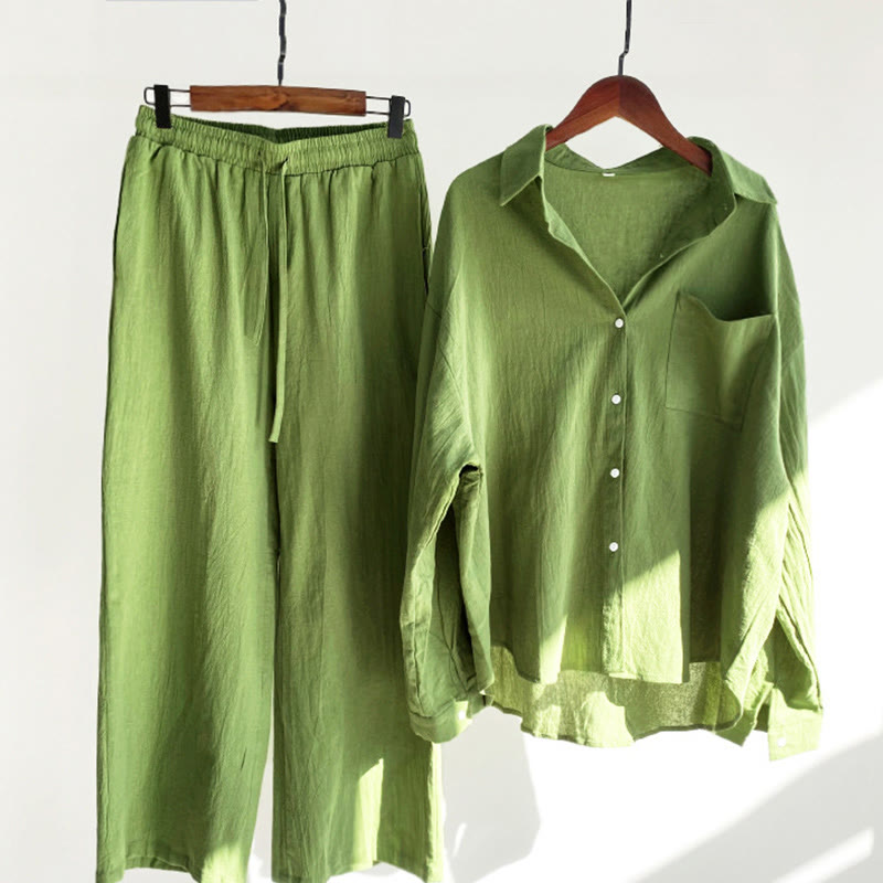 Buddha Stones 2 pezzi camicia a maniche lunghe con tasche pantaloni con coulisse meditazione cotone lino abbigliamento da donna set - Verde lime - US20, UK/AU24, EU52 (5XL) - image 0