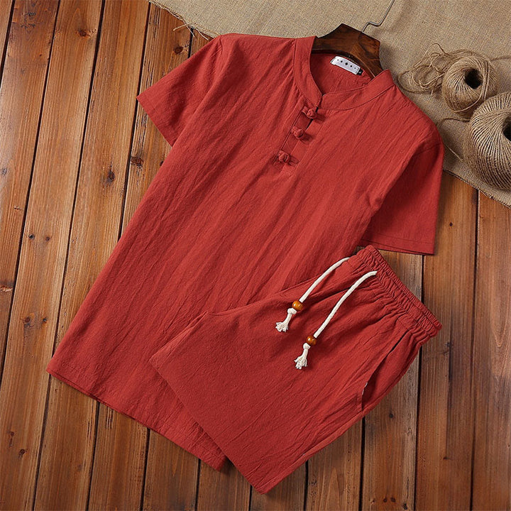 Buddha Stones 2 pezzi tinta unita rana-bottoni Tang Suit cotone lino manica corta pantaloni abbigliamento uomo set - Rosso - US/UK/AU46, EU56 (5XL) - image 13