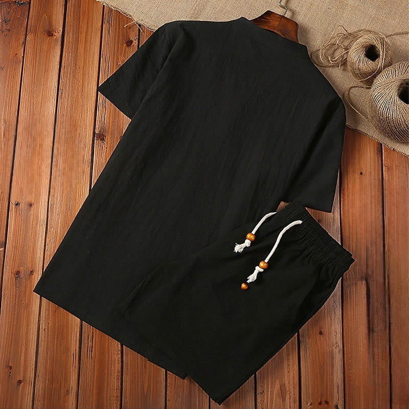 Buddha Stones 2 pezzi tinta unita rana-bottoni Tang Suit cotone lino manica corta pantaloni abbigliamento uomo set - image 2