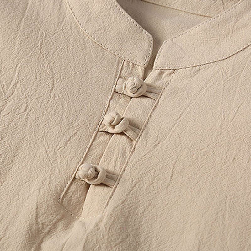 Buddha Stones 2 pezzi tinta unita rana-bottoni Tang Suit cotone lino manica corta pantaloni abbigliamento uomo set - image 5