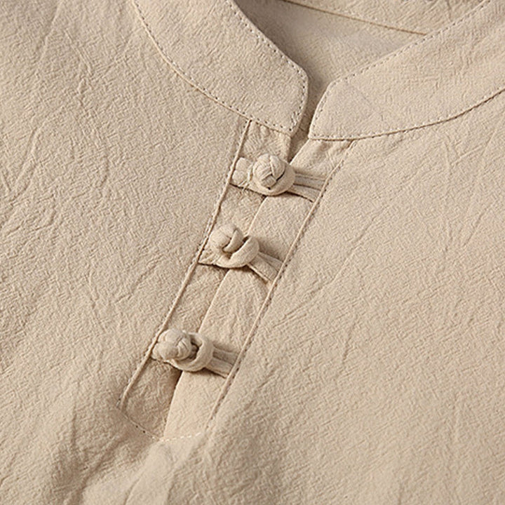 Buddha Stones 2 pezzi tinta unita rana-bottoni Tang Suit cotone lino manica corta pantaloni abbigliamento uomo set - image 5