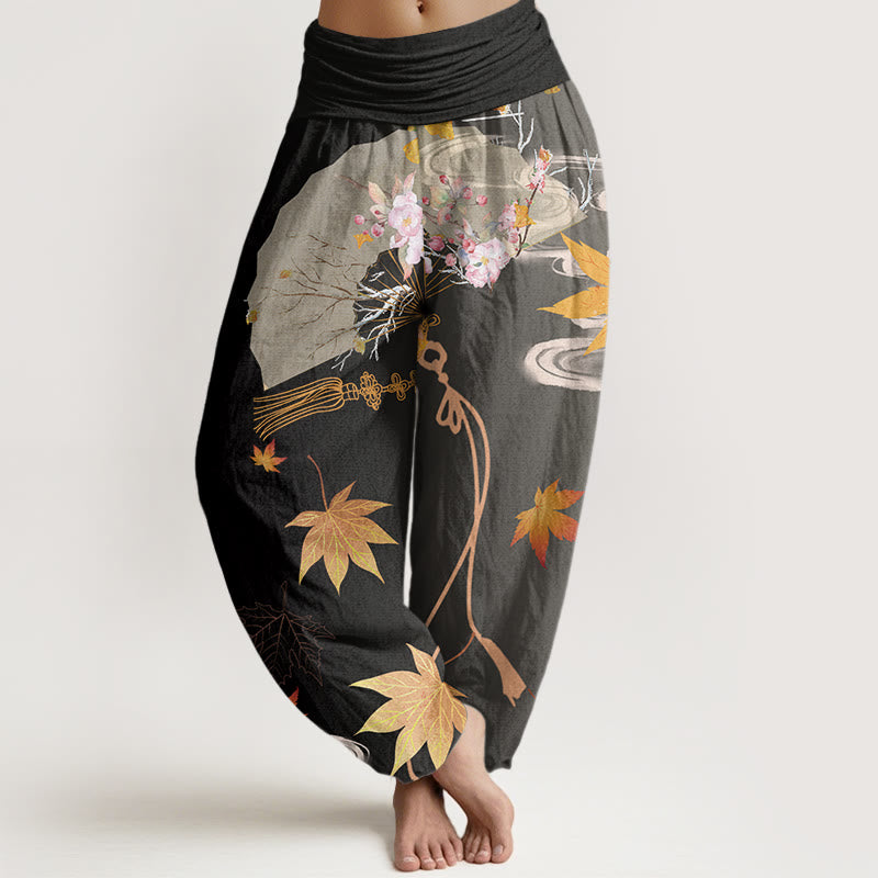 Pantaloni harem con elastico in vita da donna, modello Buddha Stones, ventaglio pieghevole casual, fiori, foglie d'acero, nuvole - Nero - US22, UK/AU26, EU54 (6XL) - image 1