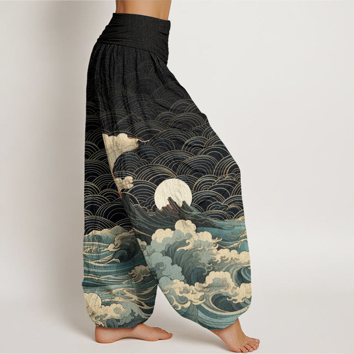 Pantaloni harem con elastico in vita da donna, motivo casual con onde e montagne Buddha Stones - image 2