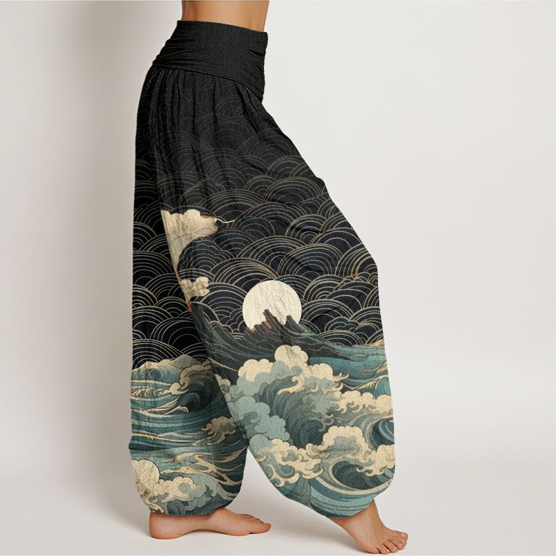 Pantaloni harem con elastico in vita da donna, motivo casual con onde e montagne Buddha Stones - image 2