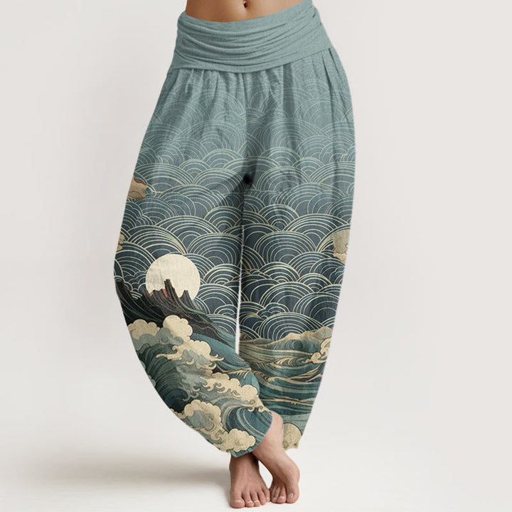 Pantaloni harem con elastico in vita da donna, motivo casual con onde e montagne Buddha Stones - Cielo blu - US22, UK/AU26, EU54 (6XL) - image 5