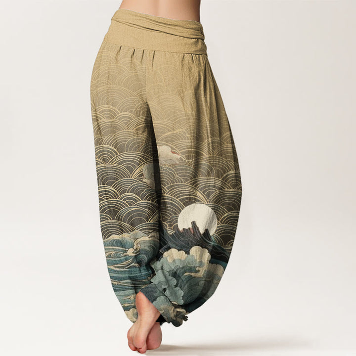 Pantaloni harem con elastico in vita da donna, motivo casual con onde e montagne Buddha Stones - image 10