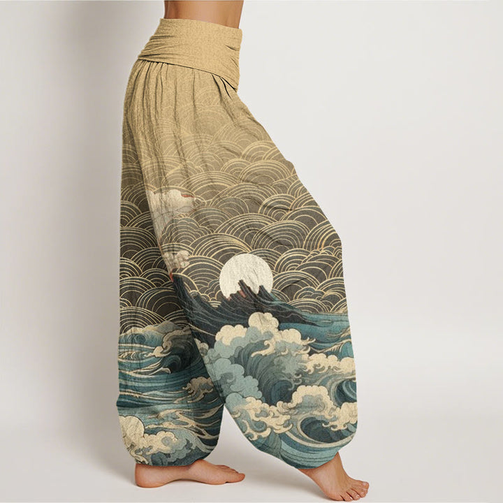 Pantaloni harem con elastico in vita da donna, motivo casual con onde e montagne Buddha Stones - image 9