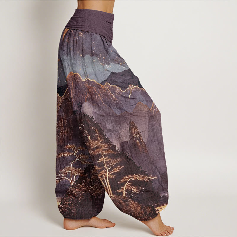 Pantaloni harem con elastico in vita da donna, motivo Buddha Stones Casual Full Moon Mountains Trees River - image 6