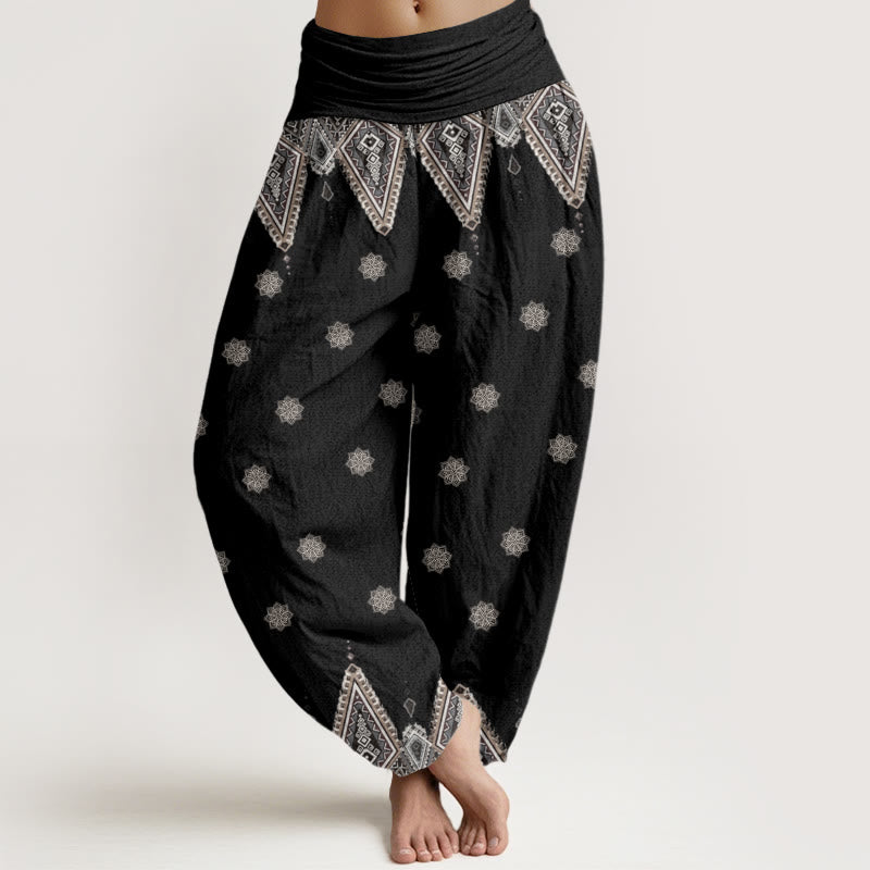 Pantaloni harem elastici in vita da donna con motivo geometrico floreale bohémien Buddha Stones - Nero - US22, UK/AU26, EU54 (6XL) - image 1