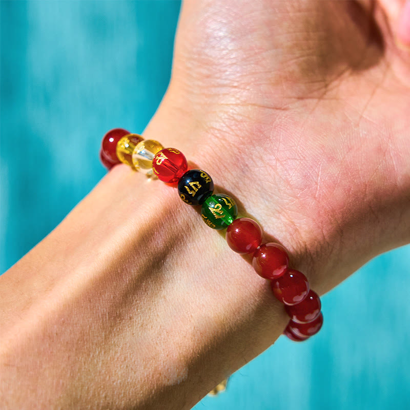 Buddha Stones Agata rossa Om Mani Padme Hum Cinque direzioni Dei della ricchezza Zircone Ciclone Charm Braccialetto di accettazione di sé