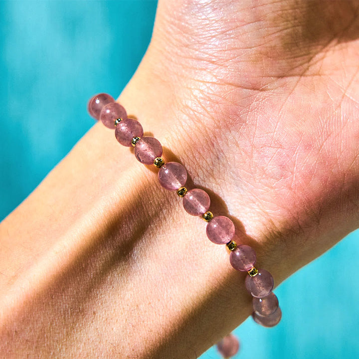 Braccialetto con ciondolo a farfalla in quarzo fragola verde con Buddha Stones e quarzo fragola naturale