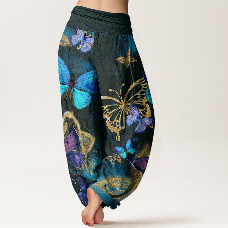 Pantaloni harem da donna con elastico in vita e motivo a farfalla in oro con Buddha Stones - image 3