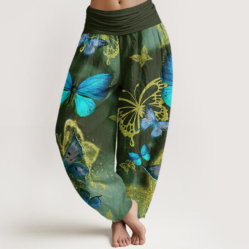 Pantaloni harem da donna con elastico in vita e motivo a farfalla in oro con Buddha Stones - Verde scuro - US22, UK/AU26, EU54 (6XL) - image 5