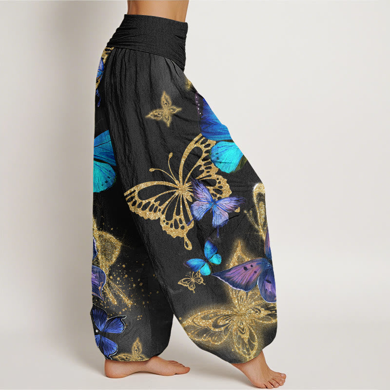 Pantaloni harem da donna con elastico in vita e motivo a farfalla in oro con Buddha Stones - image 9