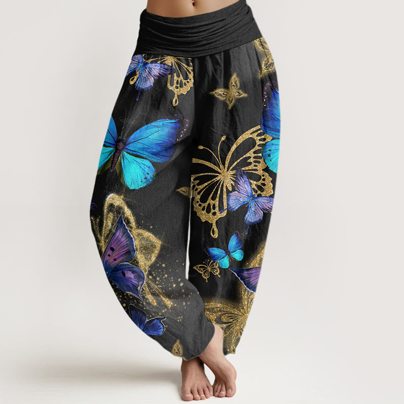 Pantaloni harem da donna con elastico in vita e motivo a farfalla in oro con Buddha Stones - Nero - US22, UK/AU26, EU54 (6XL) - image 8