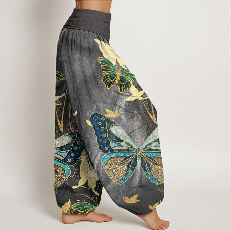 Pantaloni harem da donna con elastico in vita e motivo a farfalla dorata, stile casual, motivo Buddha Stones - image 2