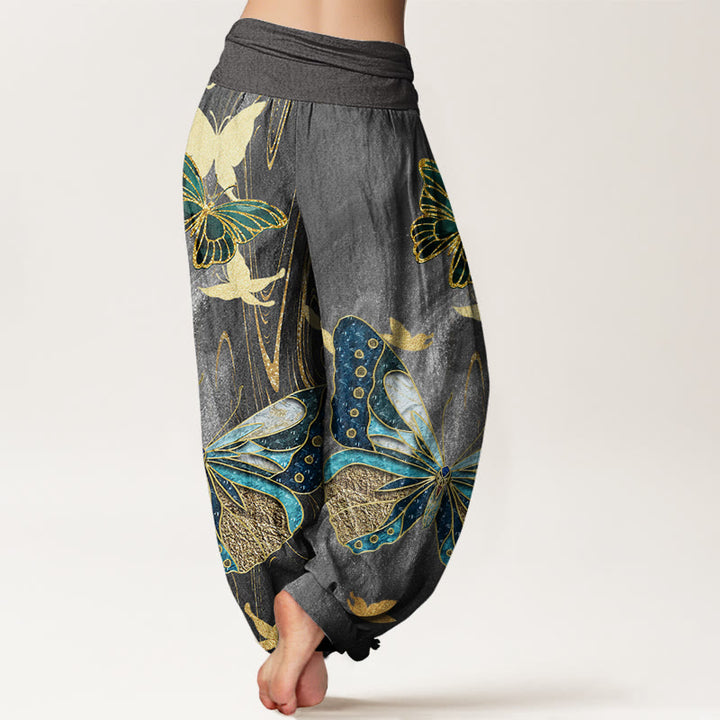 Pantaloni harem da donna con elastico in vita e motivo a farfalla dorata, stile casual, motivo Buddha Stones - image 3