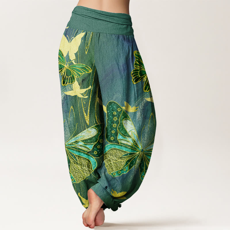 Pantaloni harem da donna con elastico in vita e motivo a farfalla dorata, stile casual, motivo Buddha Stones - image 7