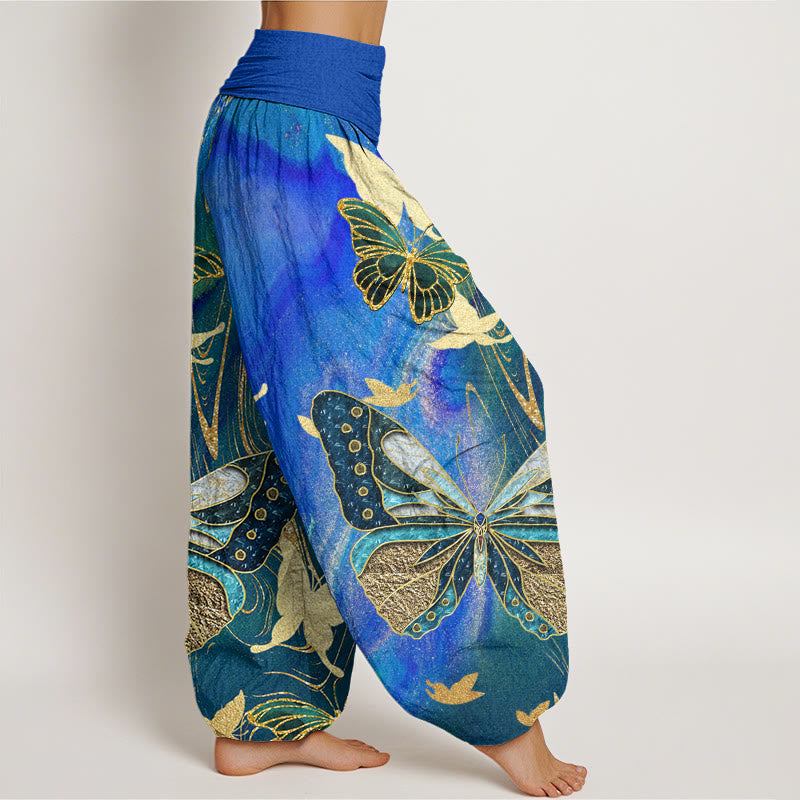 Pantaloni harem da donna con elastico in vita e motivo a farfalla dorata, stile casual, motivo Buddha Stones - image 9